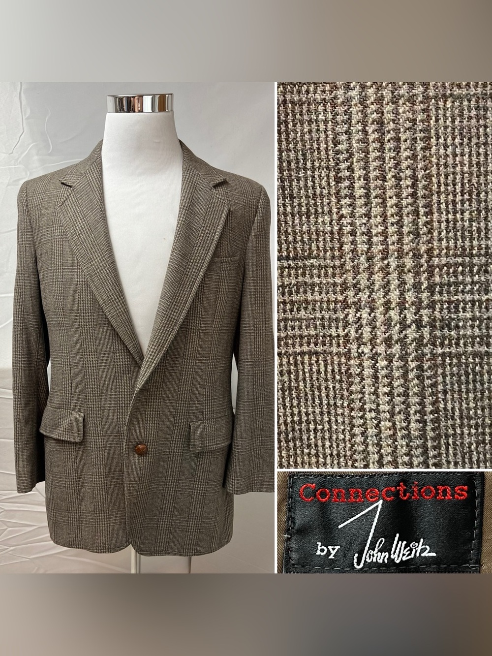John Weitz Vintage Tweed Men's 40R Brown Houndstooth Plaid Blazer Jacket Coat